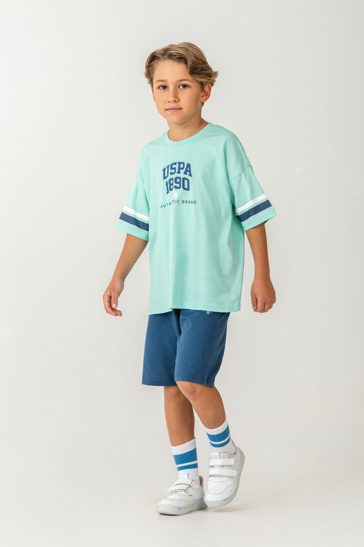 U.S. Polo Assn. Boy's Crew Neck Embroidered Summer Regular Fit Green Bermuda Suit Us2414-C-V2