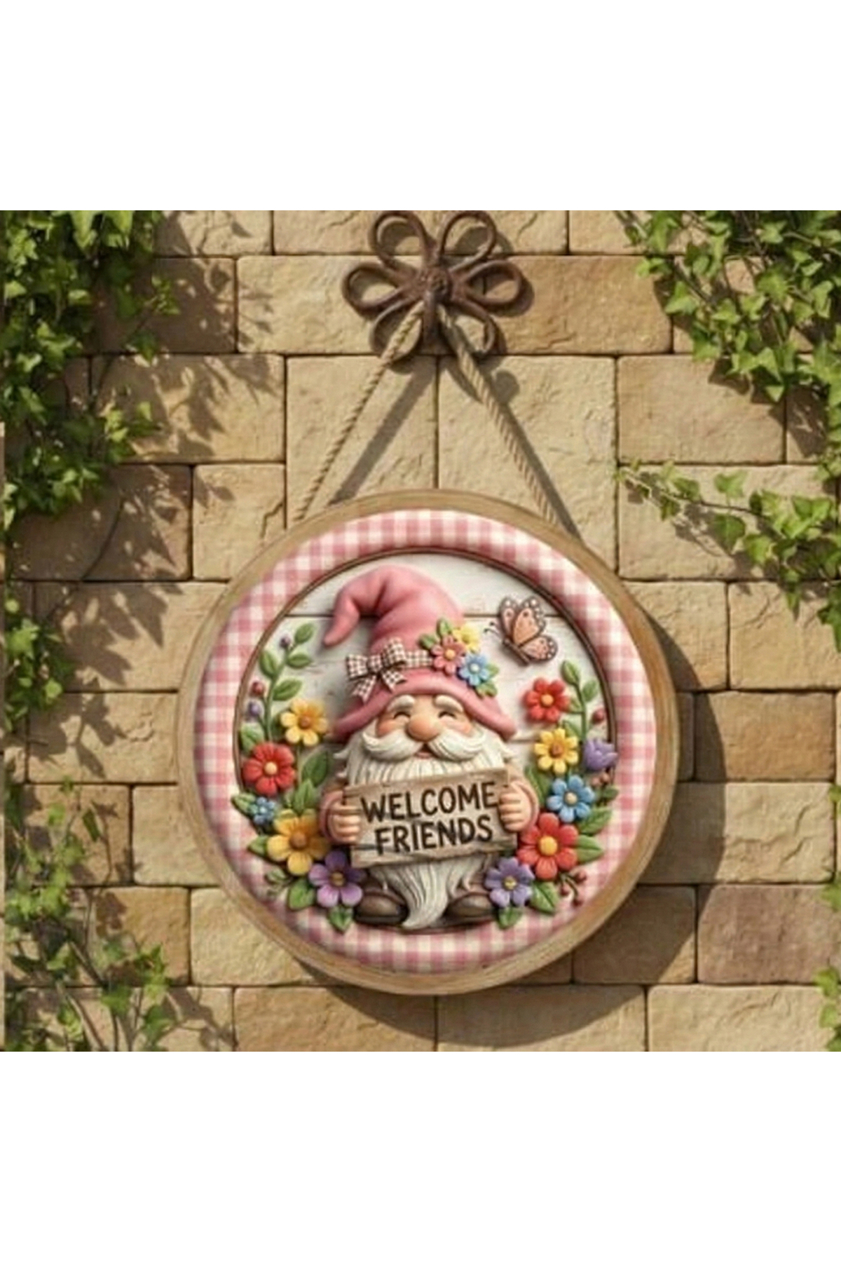 Çiçekli "Welcome Friends" Pembe Pötikare Çerçeveli Rustik Duvar ve Kapı Süsü 4