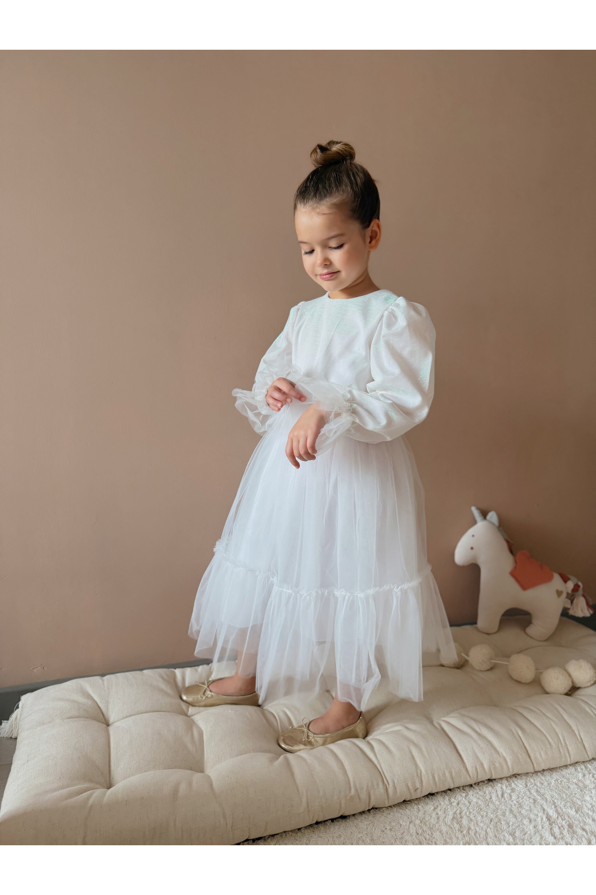 penu baby kids Beyaz Eteği Tül Fırfırlı Kemerli Kol Ucu Tül Detaylı Uzun Kol Kız Çocuk Kız Bebek Elbise fotoğrafı 5 (önizleme)