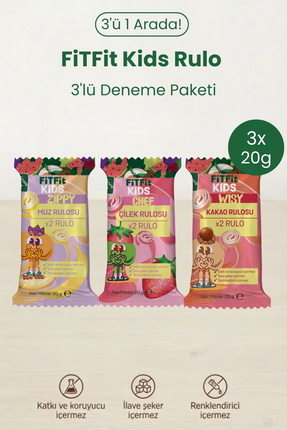 FitFit Kids 3’lü Rulo Deneme Paketi 20 g x 3 | Muz Rulosu – Kakao Rulosu – Çi...
