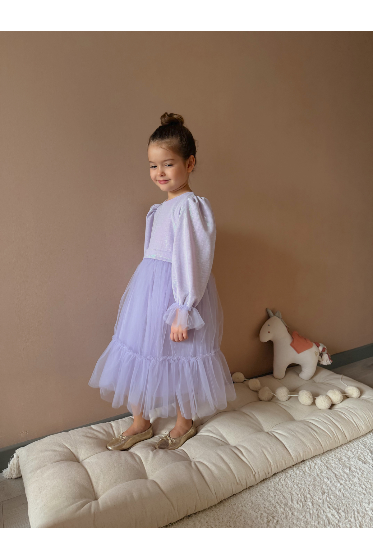 Lilac Skirt Tulle Ruffle Belted Sleeve End Tulle Detailed Long Sleeve Baby Girl Girl Dress