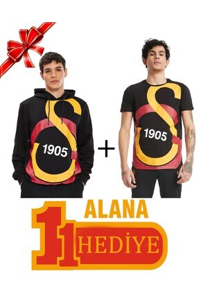 Galatasaray Orijinal Büyük Logolu Siyah Sweat Büyük Logolu T-shirt Hediyeli