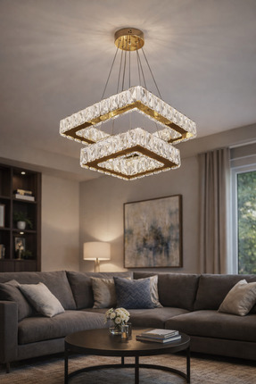 RSCOLLECTIONS 2'li Modern Kare Taşlı Sarkıt Led Avize Kumandalı Gold