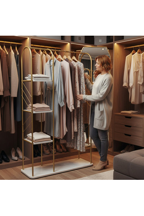 Fec Reklam 4 Raflı Metal Ayaklı Askılık Raflı Ayaklı Elbise Askılığı Konfeksi...