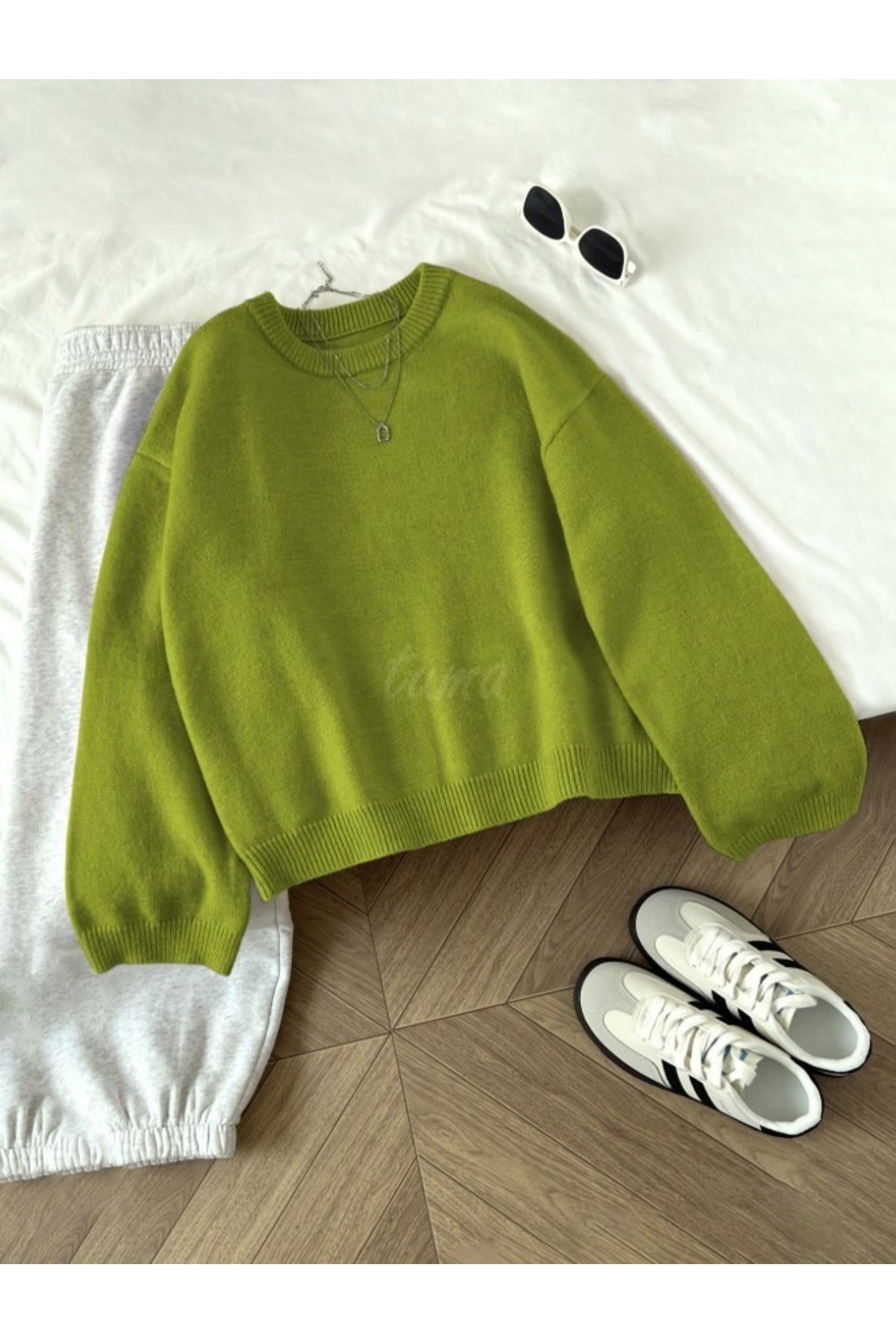 TUMA  Kadın Yağ Yeşili Bisiklet Yaka Oversize Triko Kazak, Kadın Kazak Tuma1978 - Görsel 3