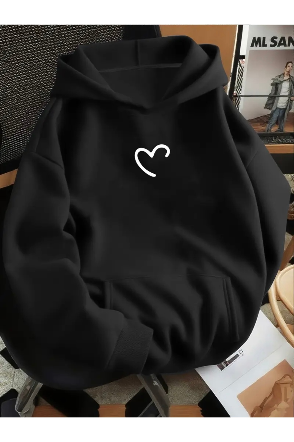 FUFLUNS MİNİMAL YARIM KALP BASKILI OVERSİZE UNISEX KADIN/ERKEK KAPÜŞONLU SWEATSHİRT