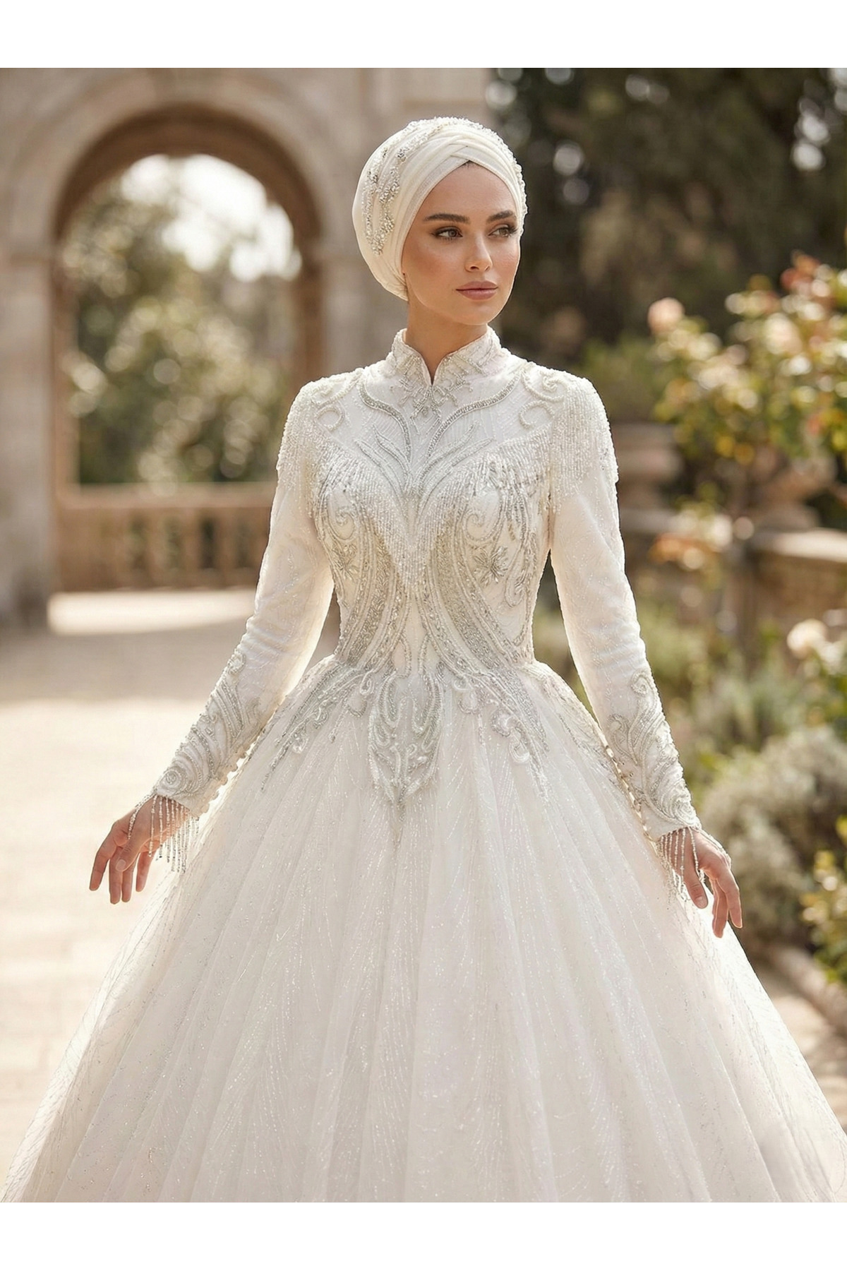 Miss Point Tesettür Dantel İşlemeli Uzun Kollu A Kesim Gelinlik