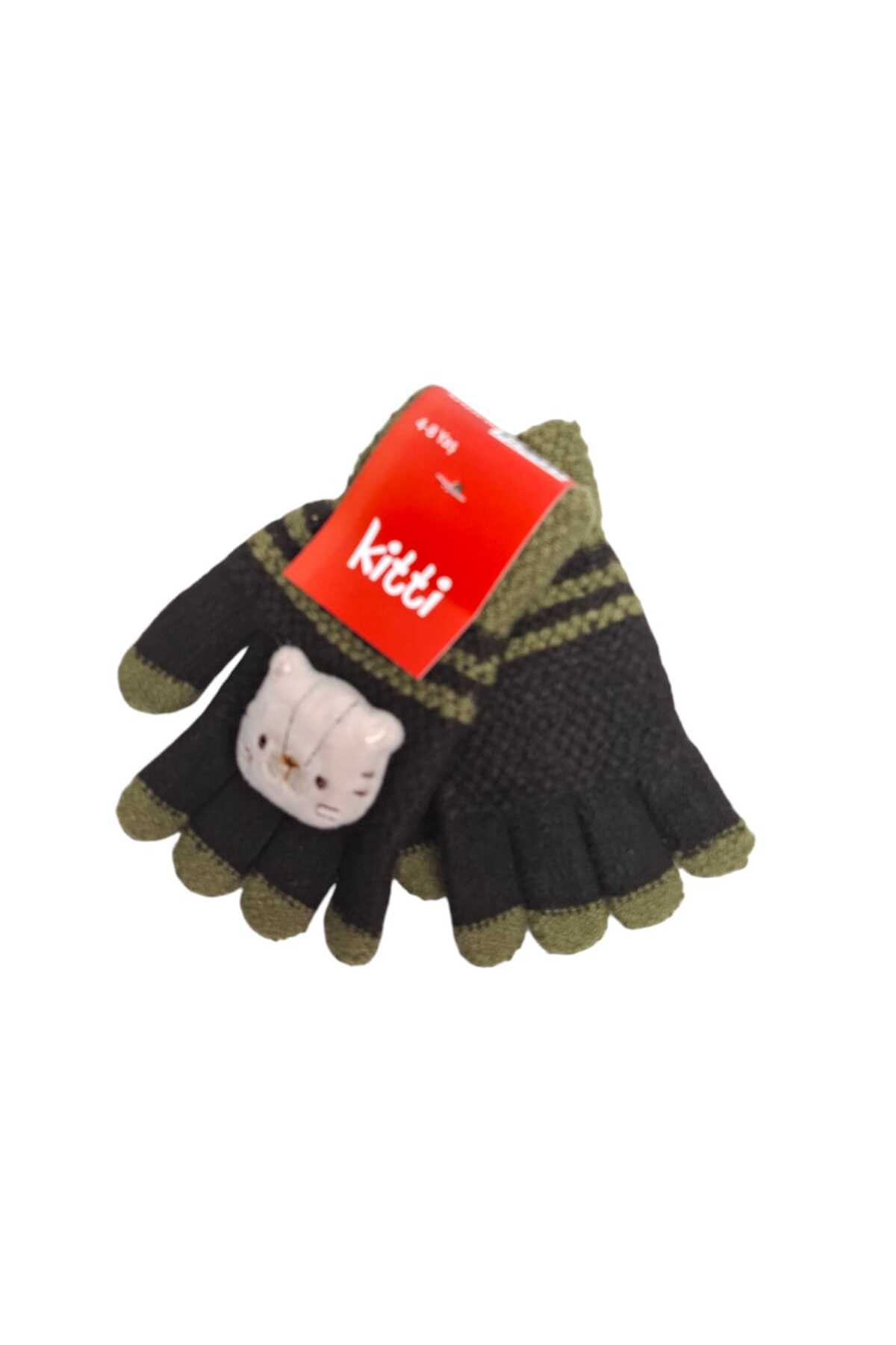 Kitti Spteks 4-8 Yaş Erkek Çocuk Haki Yeşil Renk Ayıcık Figürlü Kışlık Örme Eldiven fotoğrafı 2 (önizleme)