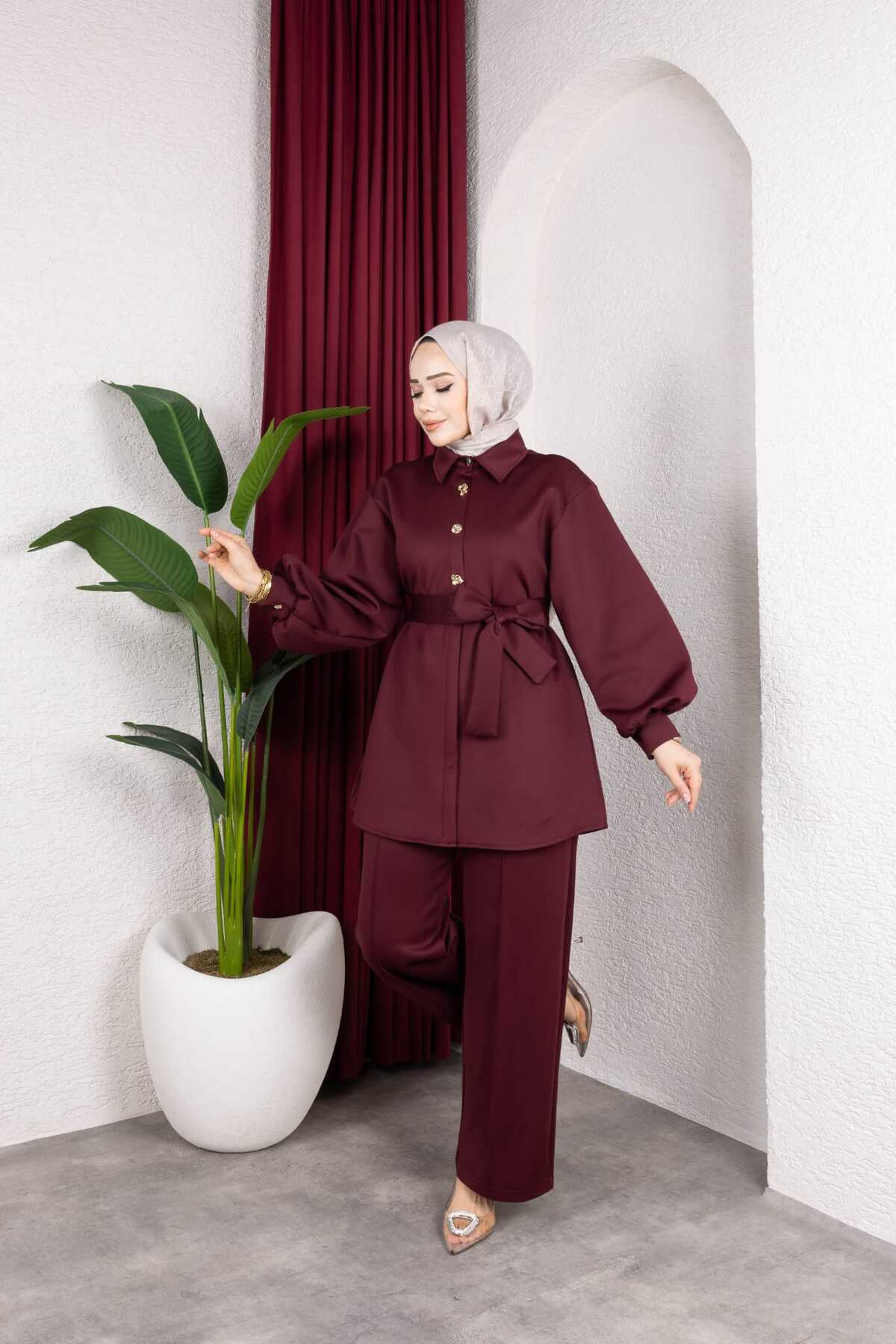 Weak Blue  Şık Tesettür Tunik Pantolon Takım – Kuşaklı Düğmeli Uzun Kollu İkili Takım - Görsel 2