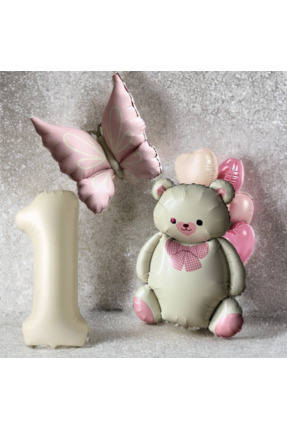 Öztürkpartievi Ayıcık & Kelebek Temalı 1 Yaş Folyo Balon Seti – Pastel Pembe ...