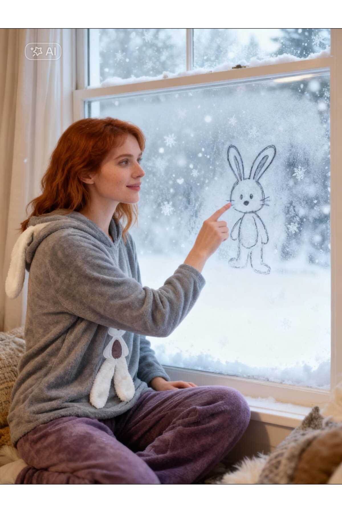 ست لباس خواب زمستانی زنانه گوش خرگوش رنگی خاکستری و آلویی کلاهدار Welsoft PLUSH 3