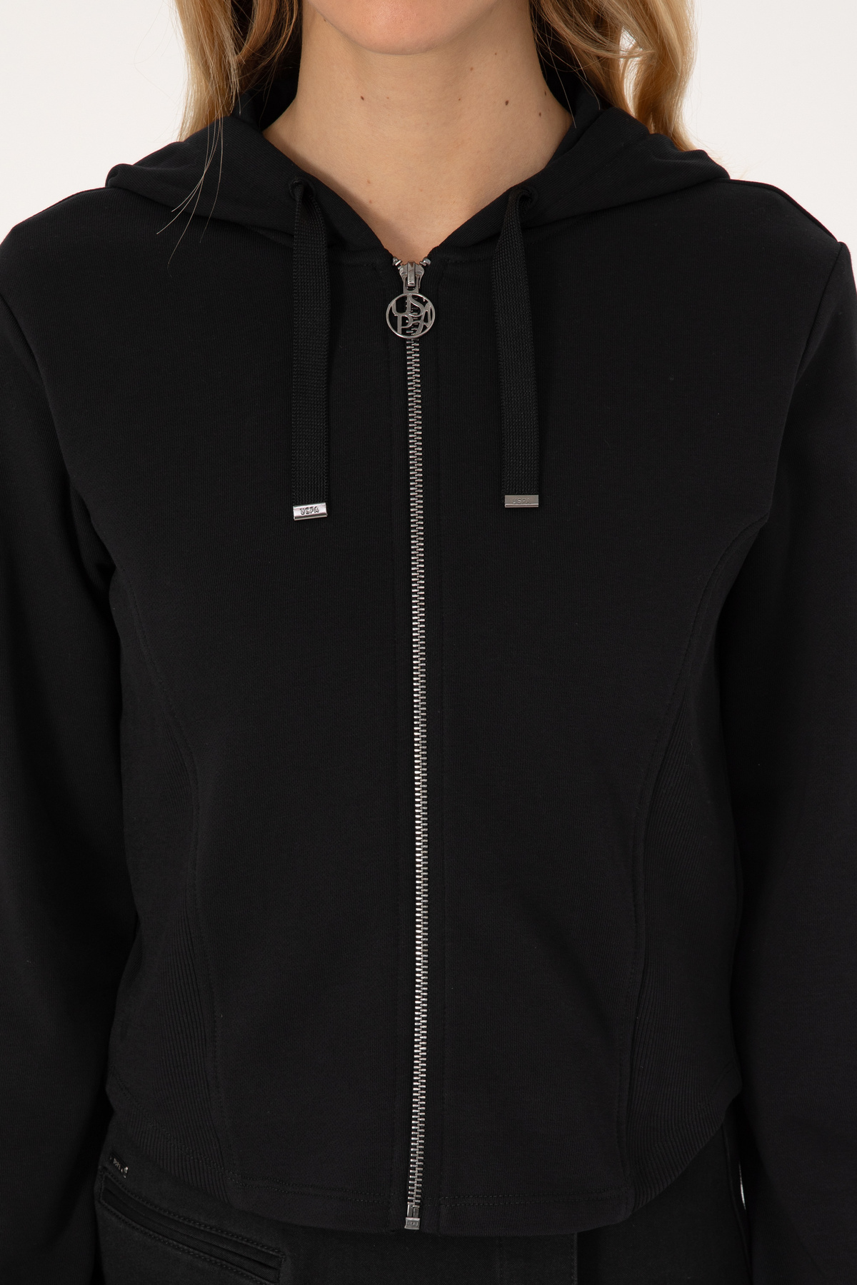 U.S. Polo Assn.  Kadın Siyah Fermuarlı Kapüşonlu Sweatshirt 50314177-VR046 - Görsel 6