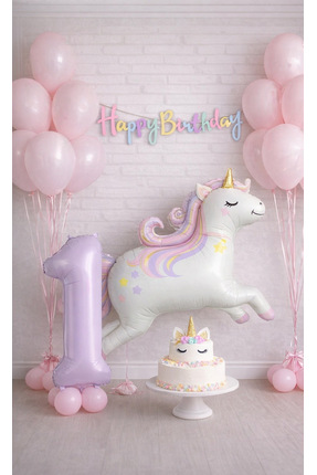 Öztürkpartievi 1 Yaş Doğum Günü Konsepti Unicorn Folyo Balon, Makaron Pembe B...
