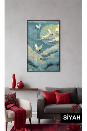 EvoraArt Koleksiyonu:MAVİ BAHÇEDE TURNA UÇUŞU Çerçeveli Temperli Tekli Cam Tablo