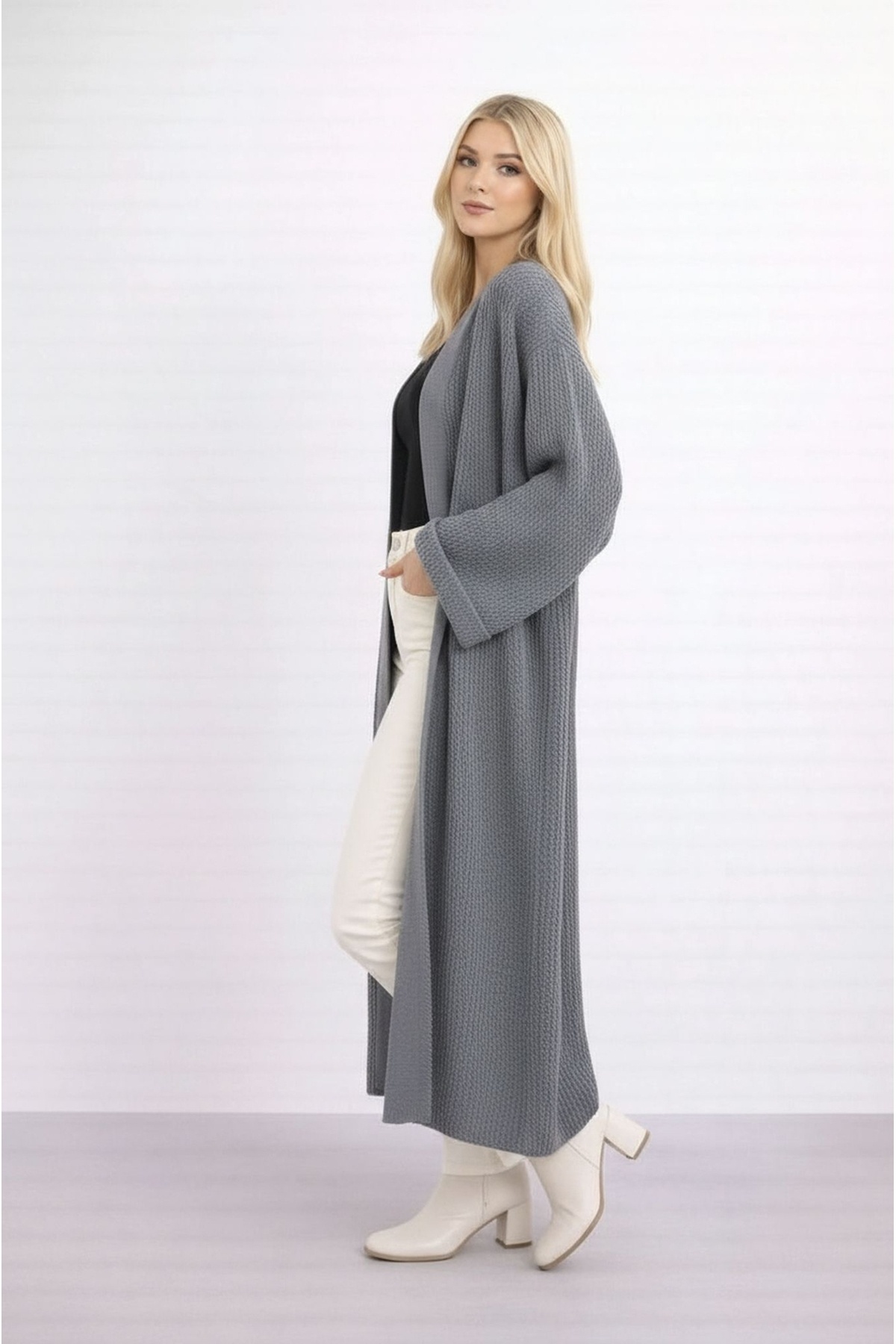 MAMAYAGA  Kadın Tesettüre Uygun Maxi Boy Uzun Kol Spor Şık Örgü Triko Curve Uyumlu Hırka Ceket - Görsel 2