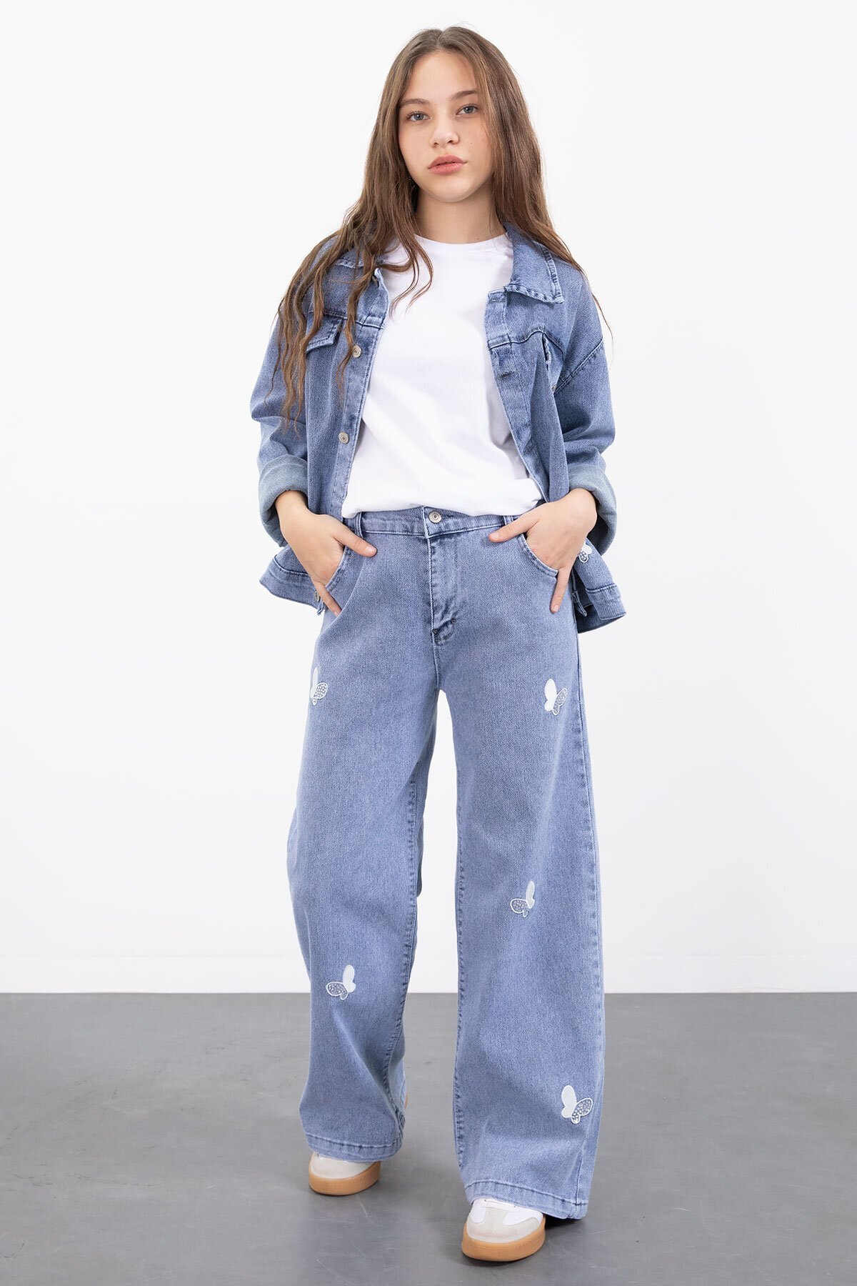 Blue Butterfly Embroidered Buttoned Jacketed Pants Girl Jean Set 23446