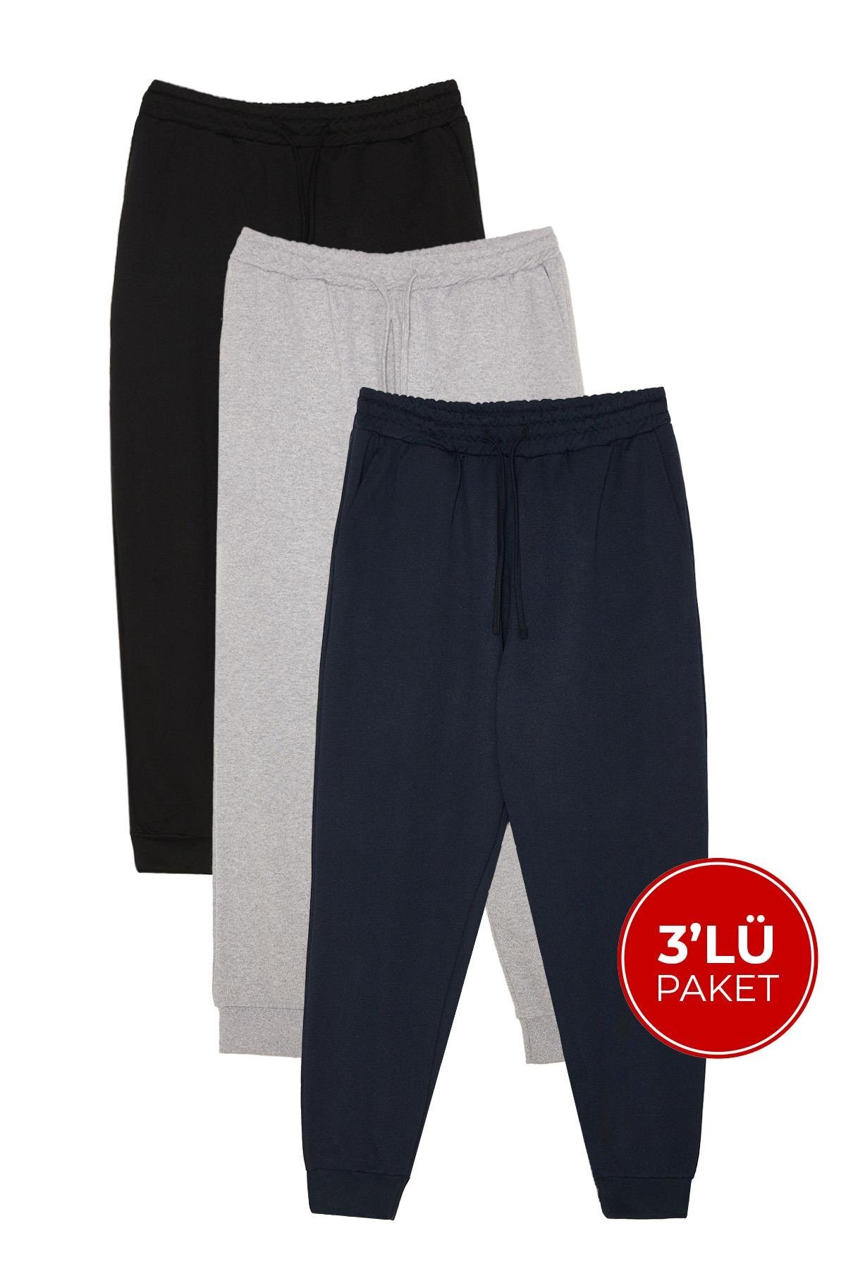 Tudors  Erkek 3'lü Paket Lacivert-Gri-Siyah Regular Fit Beli Bağcıklı Jogger Cepli Lastikli Paça Eşofman Alt
