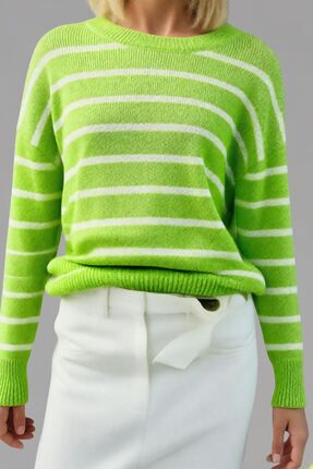 Trendseninle Kadın Fıstık Yeşili Bisiklet Yaka Beyaz Çizgili Triko Kazak