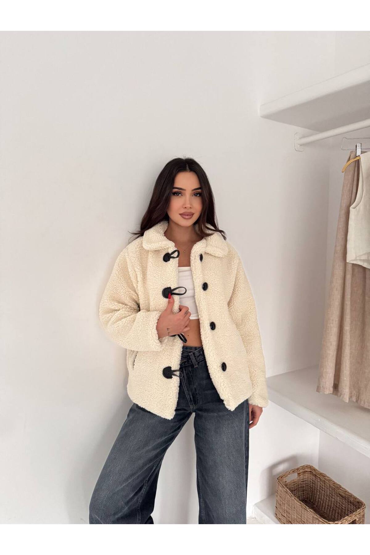 Noa&Noa Kadın Ekru Peluş Mont Comfort Kalıp Düğmeli Ceket