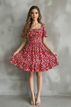 Genel Markalar Kayık Yaka Gipeli Bürümcük Mini Elbise – Kırmızı