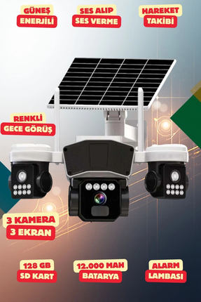 OEM 4K SimKartlı 3 Kameralı Güvenlik Kamerası Renkli Gece Görüş Sesli 360 Der...