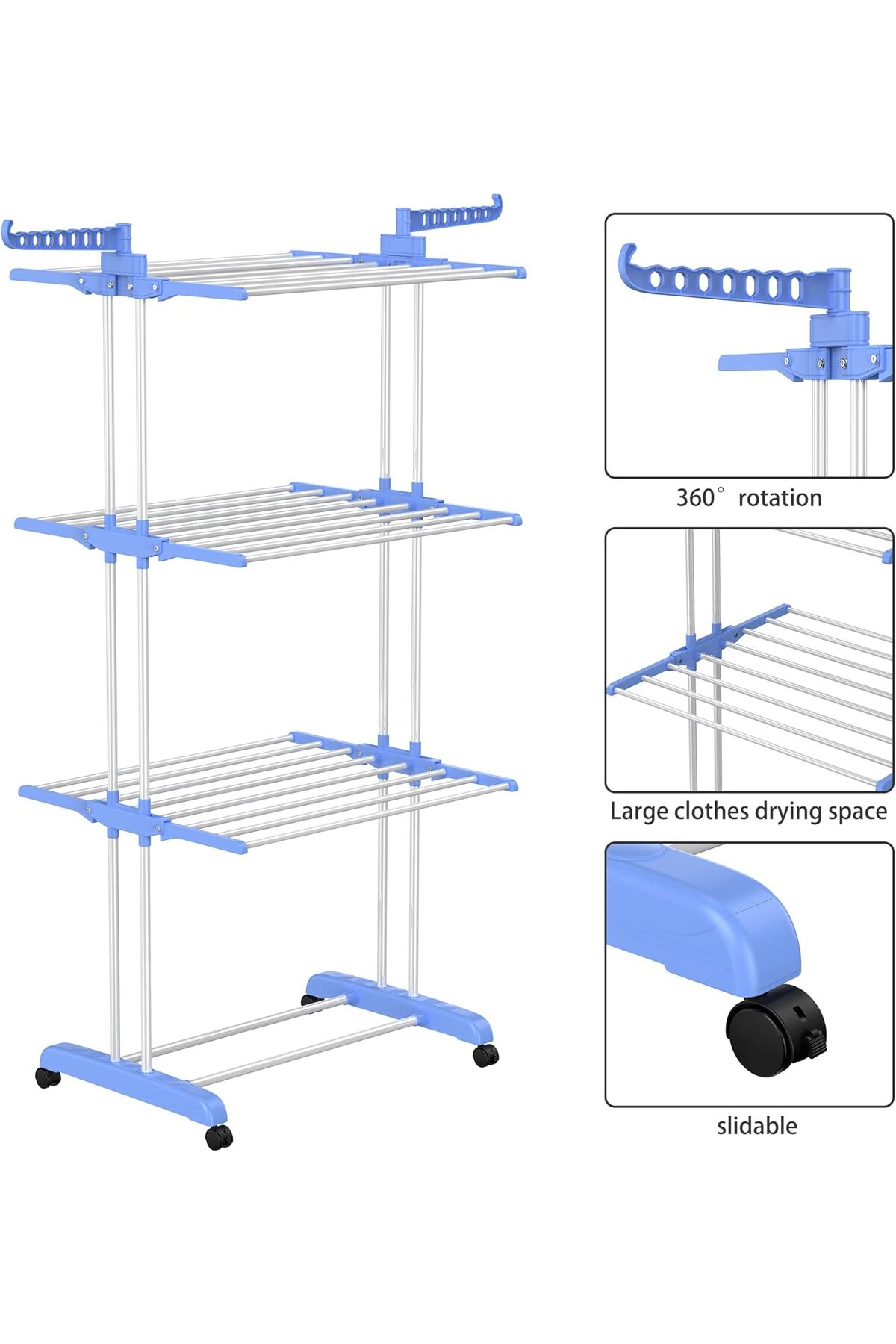 منشر غسيل ورف تجفيف الملابس قابل للطي من 4 طبقات كبير الحجم للاستخدام الداخلي والخارجي لون ازرق