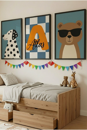 varje Kişiye Özel Çerçeveli 3’lü Tablo Seti, Çocuk Odası İçin Dalmaçyalı ve A...