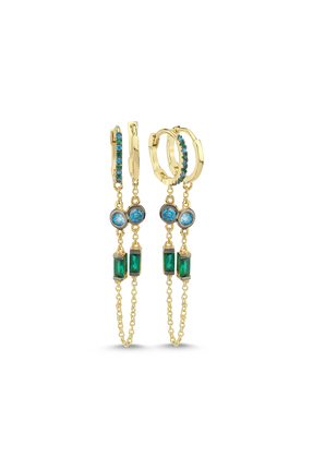 9YirmiBeş 925 Ayar Gümüş Altın Kaplama Mavi & Yeşil Zirkon Taşlı Sallantılı H...