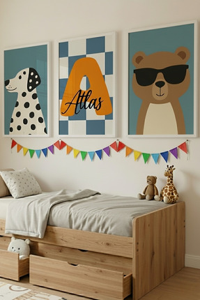 varje Kişiye Özel Çerçeveli 3’lü Tablo Seti, Çocuk Odası İçin Dalmaçyalı ve A...