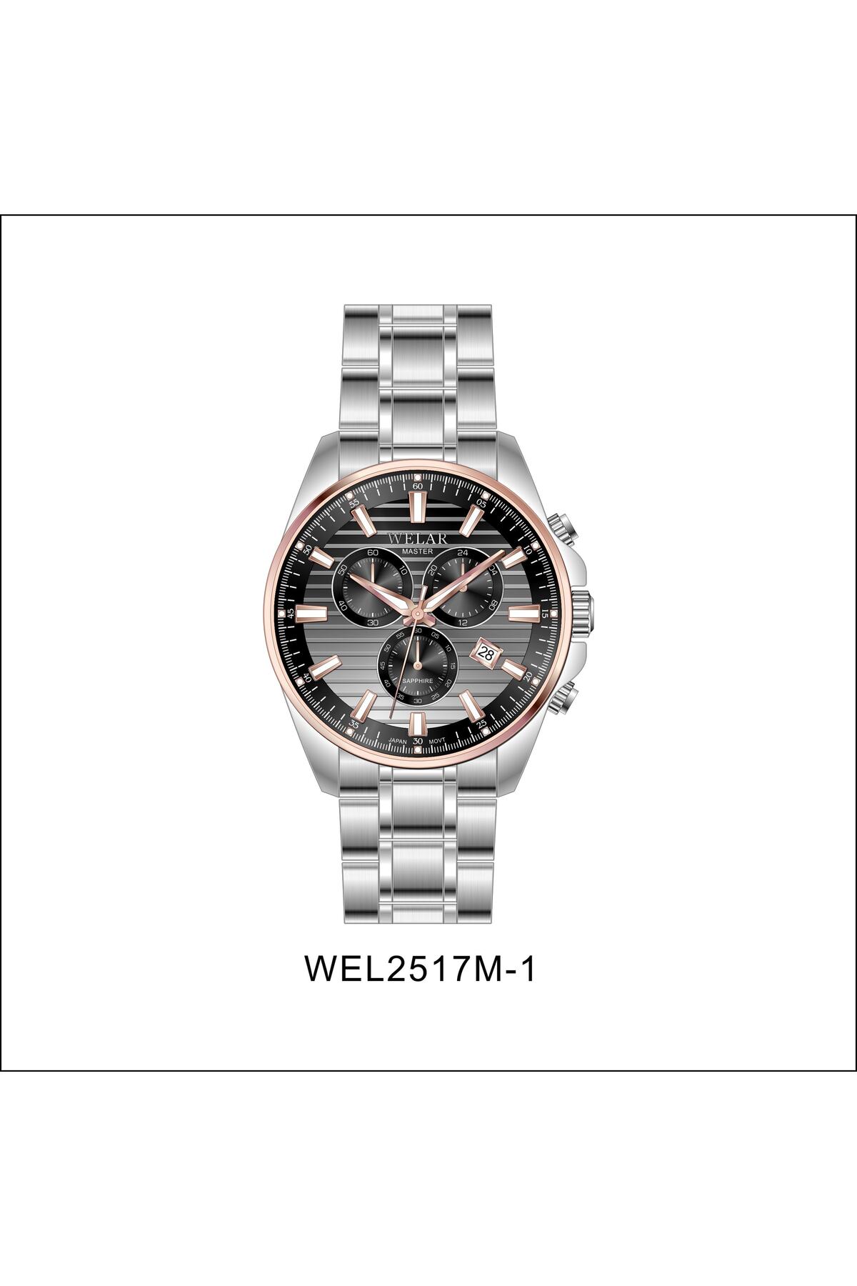 ساعت مچی مردانه Wel2517M-1 با شیشه یاقوتی فولادی، تقویم و مقاومت در برابر آب ۵ اتمسفر
