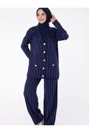 Elysia butik Çizgili düğmeli triko takım