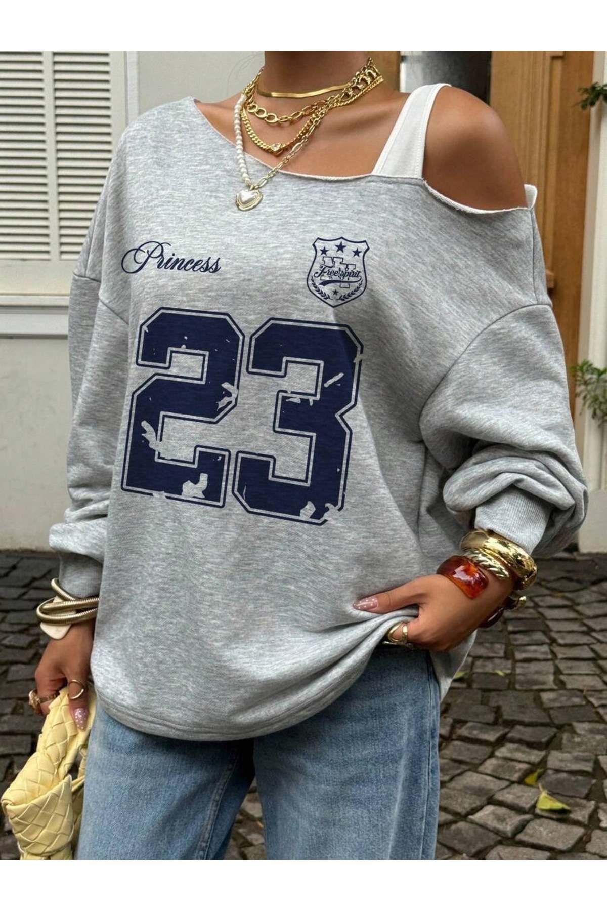 OVER HEAD  Kadın Princess 23 Baskılı Kayık Yaka Oversize Sweatshirt - Görsel 6