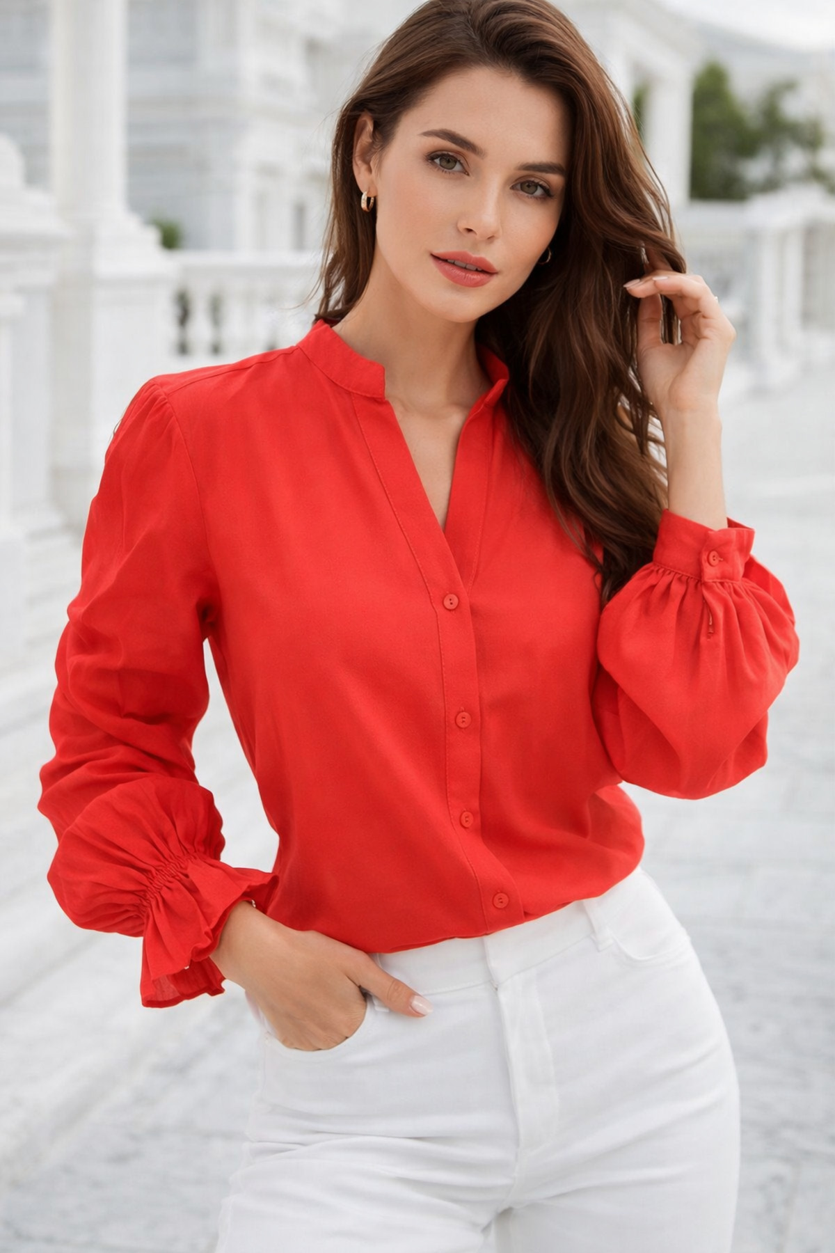 Rich  Kadın Nar Çiçeği Oversize Modal Kumaşlı Lastik Kollu Hakim Yaka Gömlek - Görsel 5