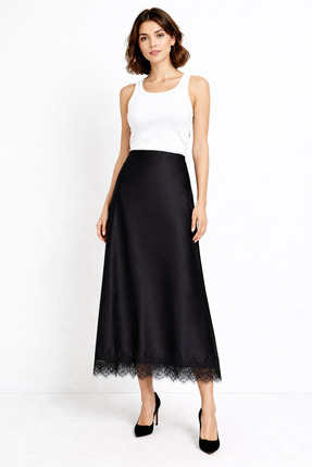 Nuevo Siyah Saten Dantel Detaylı Uzun Etek – Yüksek Bel, İçten Lastikli, A Ke...