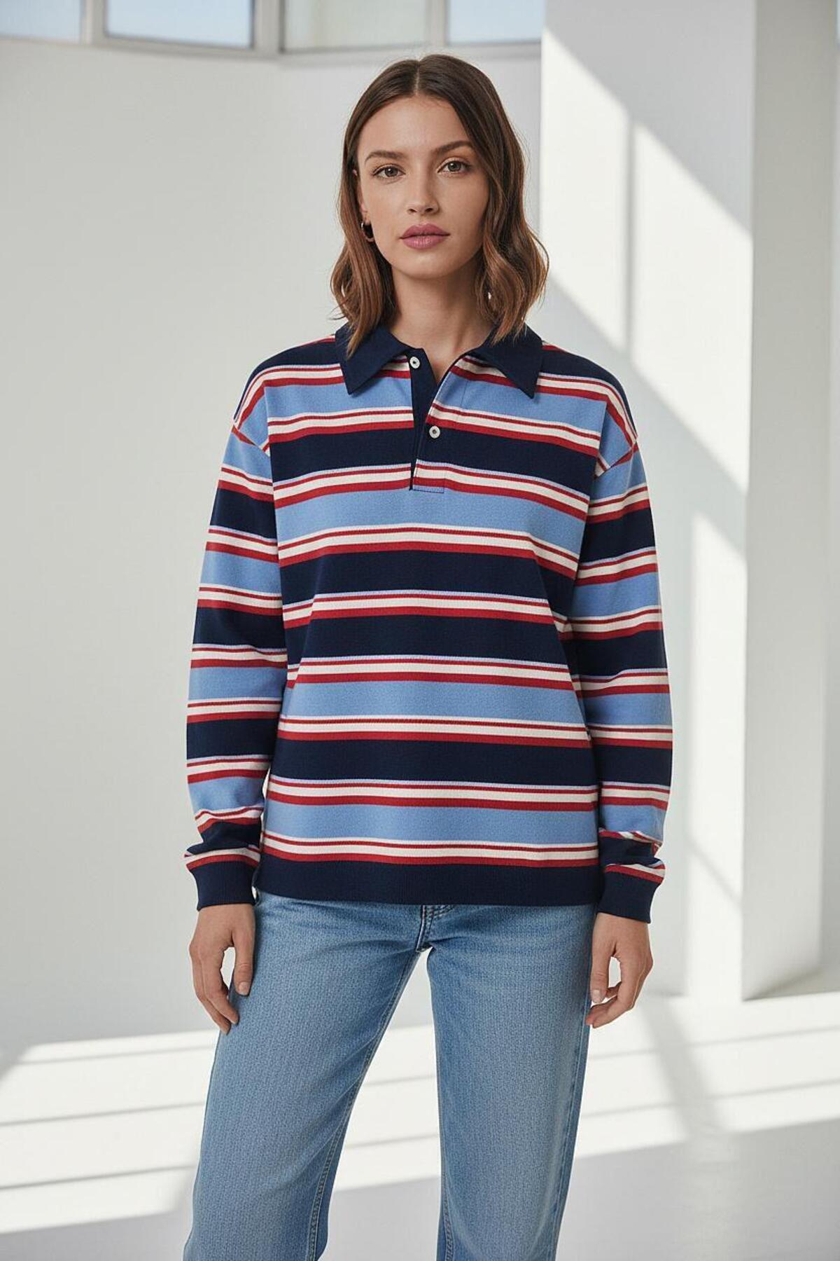 Seeh Lacivert Çizgili Polo Yaka Kadın Sweatshirt SH324 görsel 5