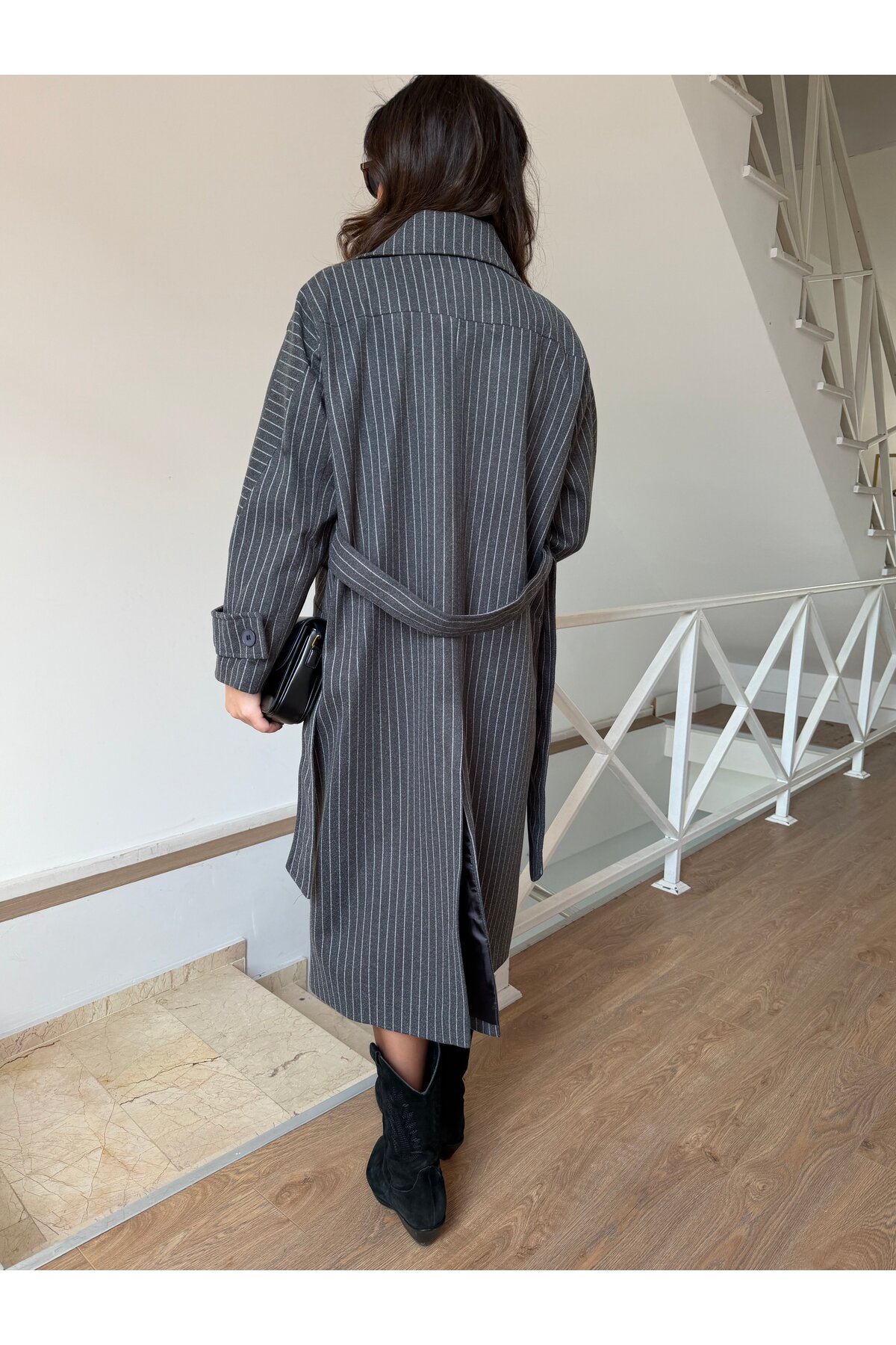 2she  Beli Kuşaklı Geniş Çizgili Kaban - Görsel 4