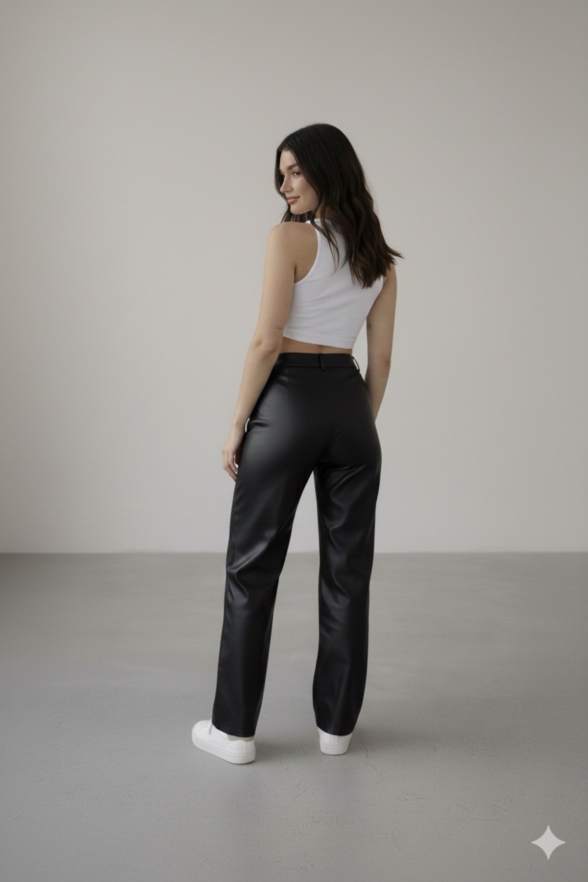 Lighter Jeans  Kadın Yüksek Bel Salaş Suni Deri Bol Paça Pantolon Siyah - Görsel 3