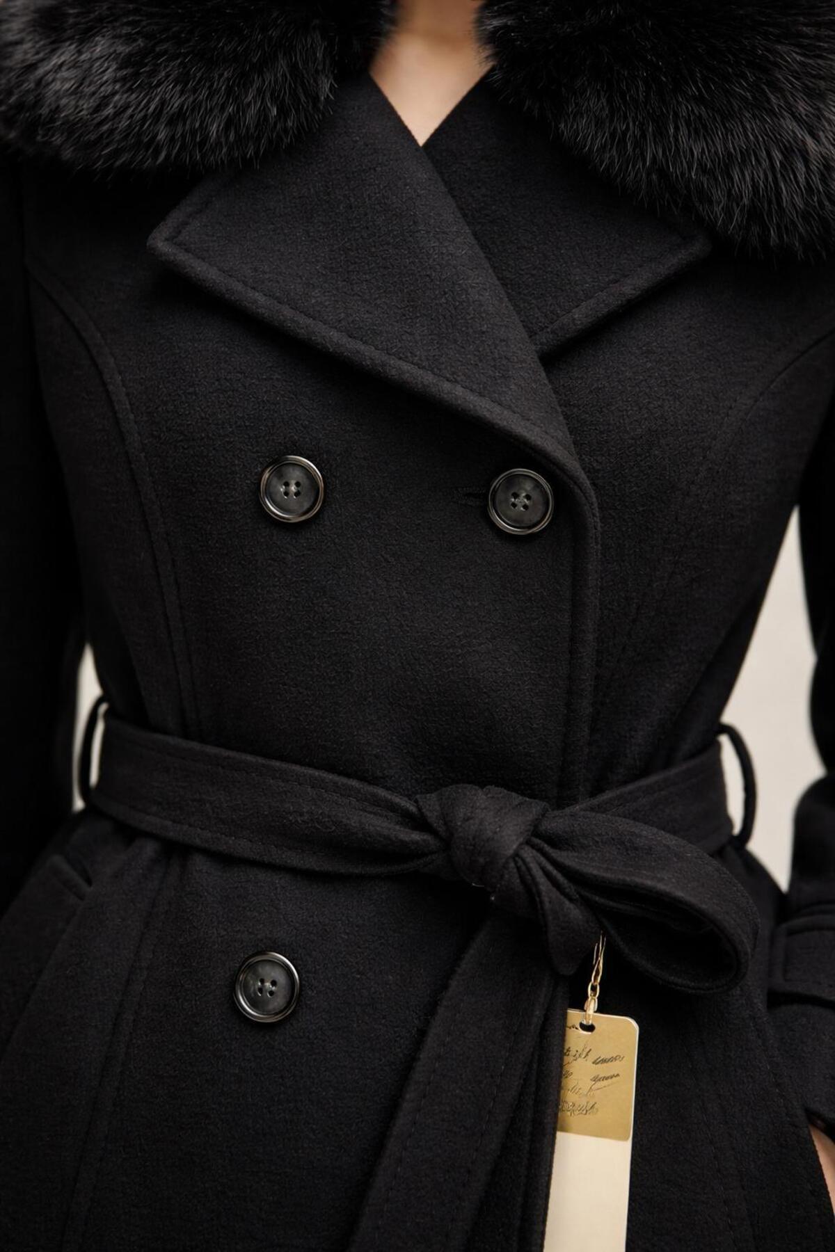 ESİN GİYİM  Kürk Yakalı Kruvaze Kaşe Manto- Old Money Tarz - Görsel 4