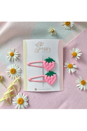 Nills Baby & Kids Pembe Çilek Figürlü Çıtçıtlı Kız Çocuk Tokası – 2’li Set