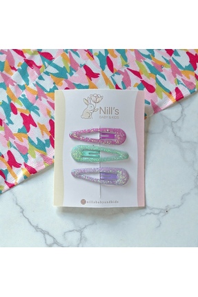 Nills Baby & Kids Simli Pastel 3’lü Çıtçıt Toka Seti – Pembe Yeşil Mor