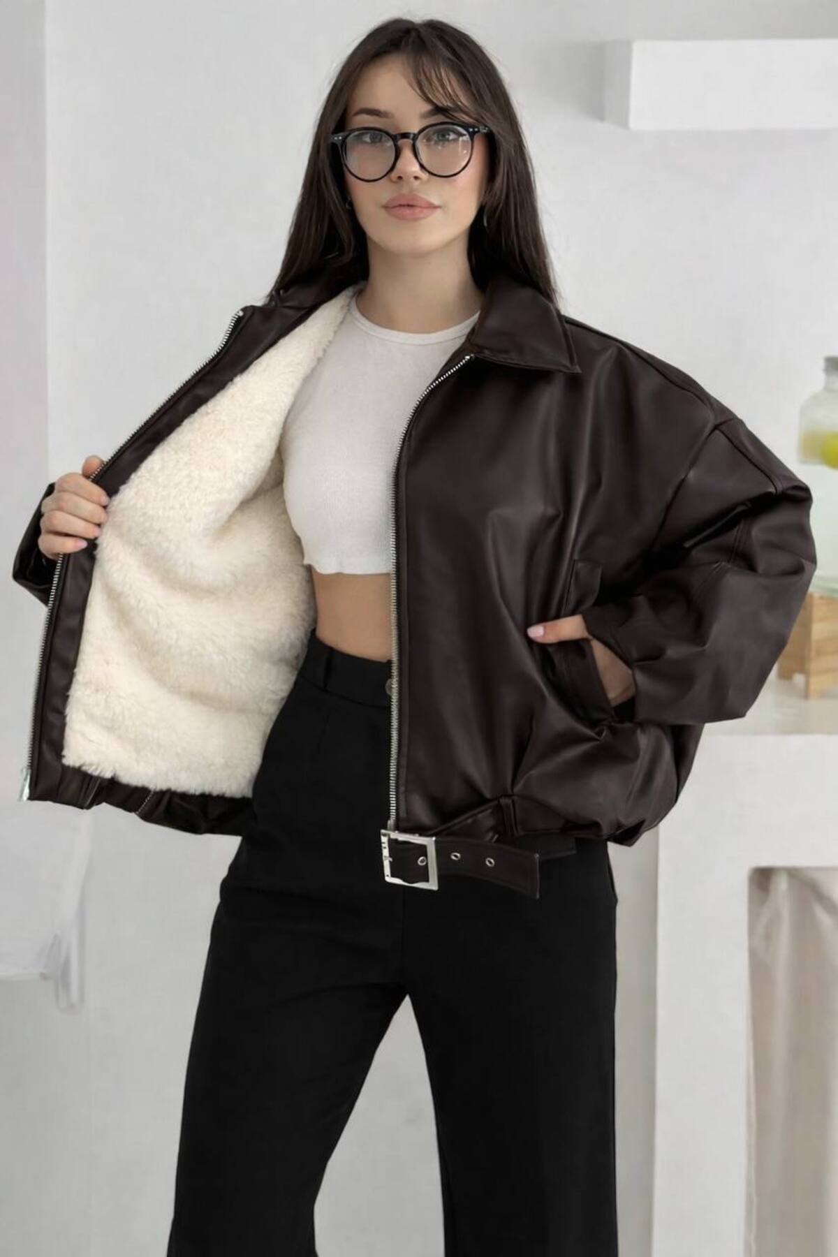 Helen Goods İçi Kürklü Oversize Kadın Deri Ceket Mont