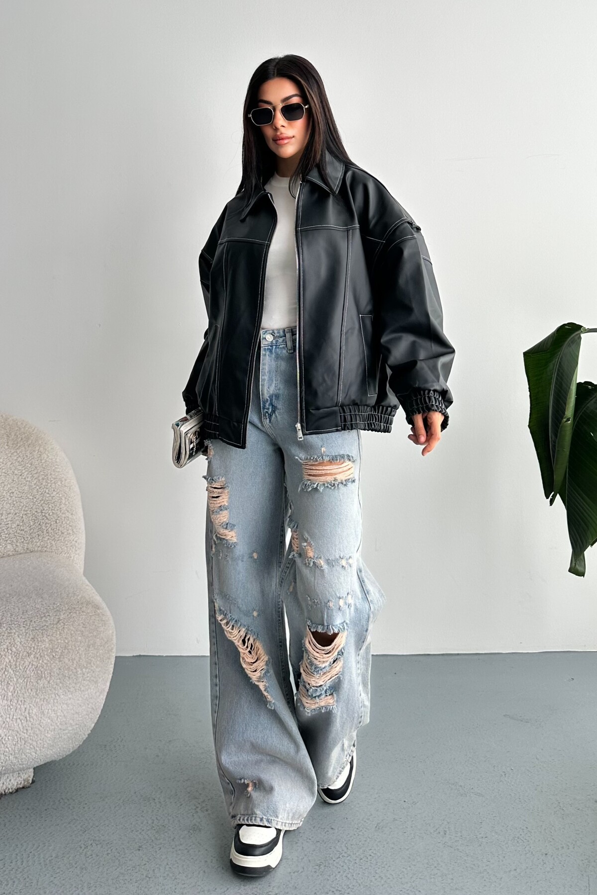 moda armanc  Kadın Vintage Oversize Siyah Deri Ceket - Bomber Kontrast Detaylı Biker Mont - Görsel 7