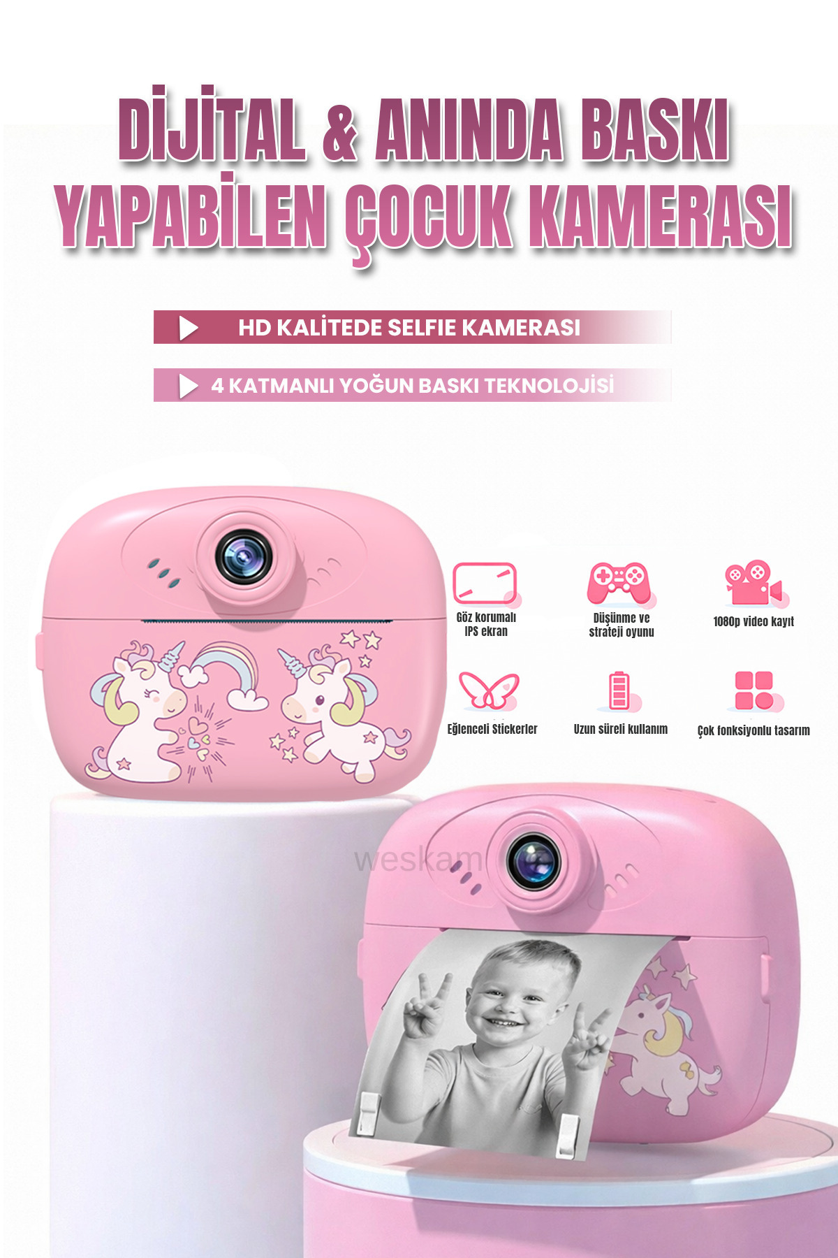 Weskam Baskı Özellikli Çocuk Dijital Fotoğraf Makinesi Termal Yazıcılı, Video Kayıtlı Pembe Kamera