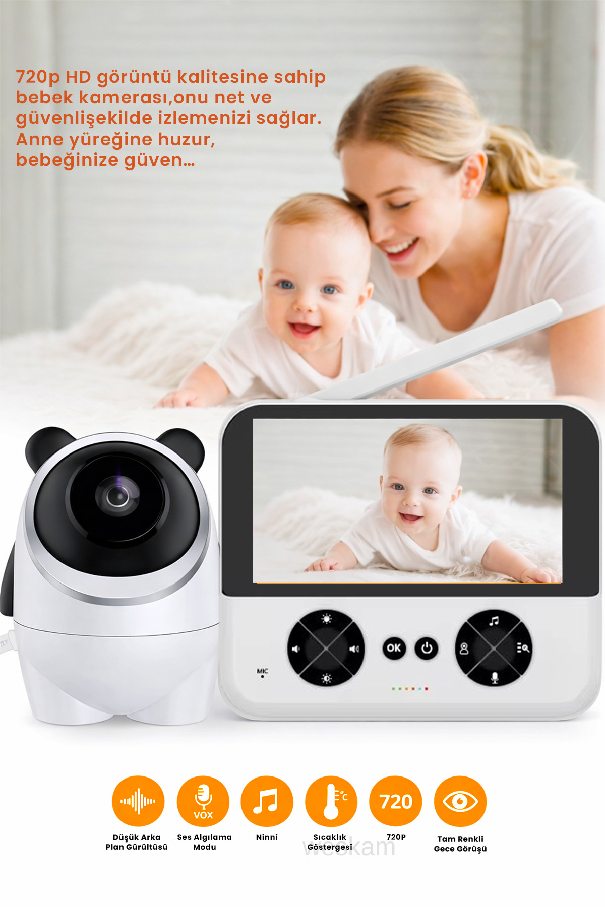 Weskam Ekranlı Bebek Kamerası Gece Görüşlü Hareketli Ip Güvenlik Kamera Monitörü Oda Sıcaklık Kontrollü fotoğrafı 6 (önizleme)