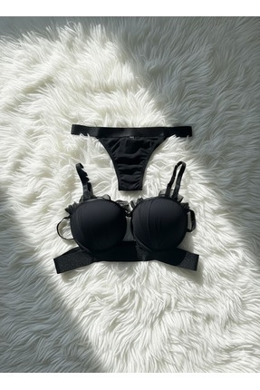 FEMME Siyah Minimalist Tasarım Dolgulu Sütyen ve Külot Takımı - Şık Tül Detay...