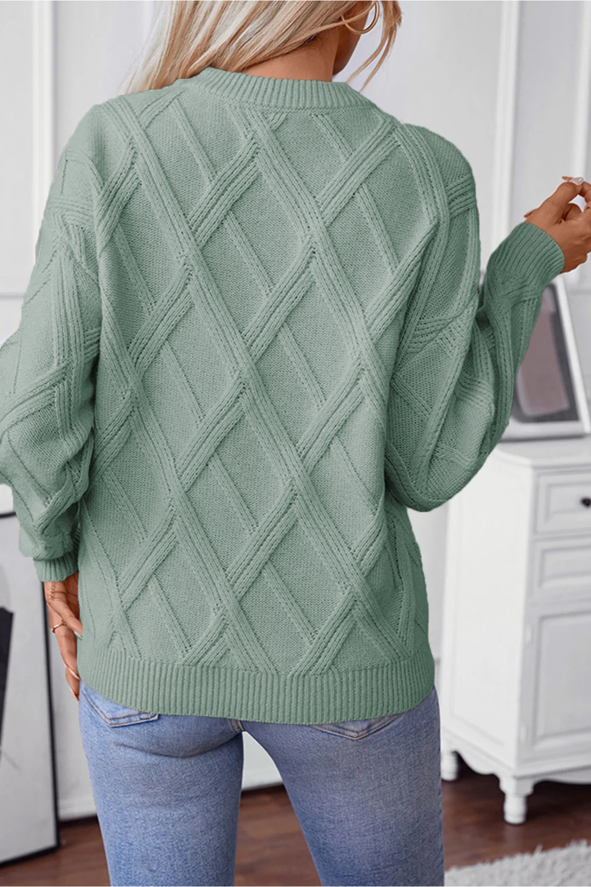 AQE FASHION  Kadın Mint Triko Kazak Yuvarlak Yaka Uzun Kollu Örgü Desenli Modern Kışlık - Görsel 5