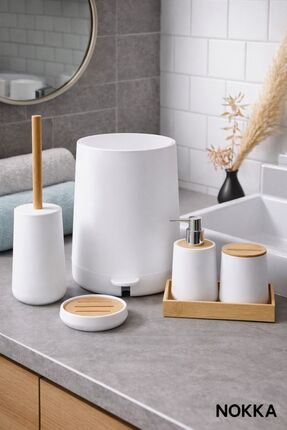 NOKKA 6 Parça Bambu Detaylı Akrilik Banyo Seti, Pedallı Kova, Sabunluk
