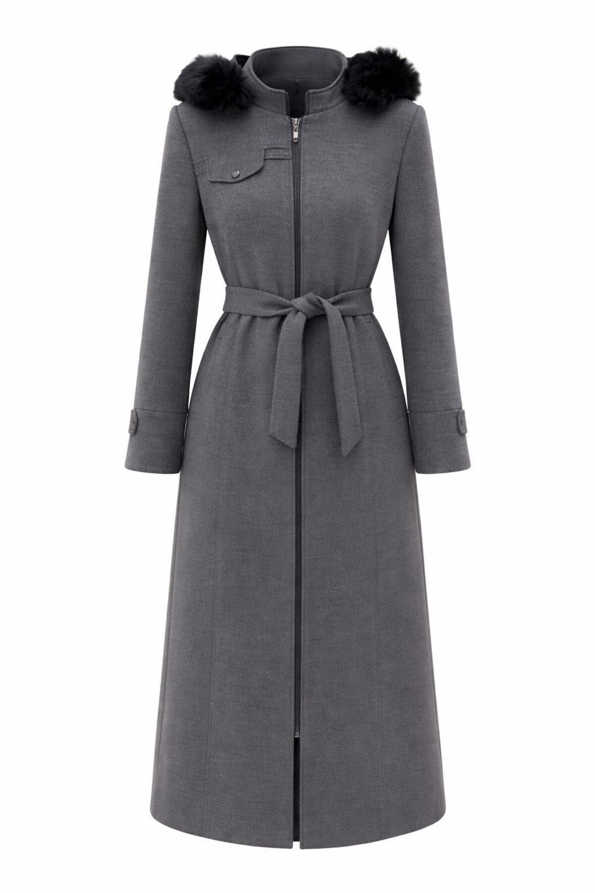 ESİN GİYİM  Luna Kürk Kapüşonlu Kemerli Uzun Kaban