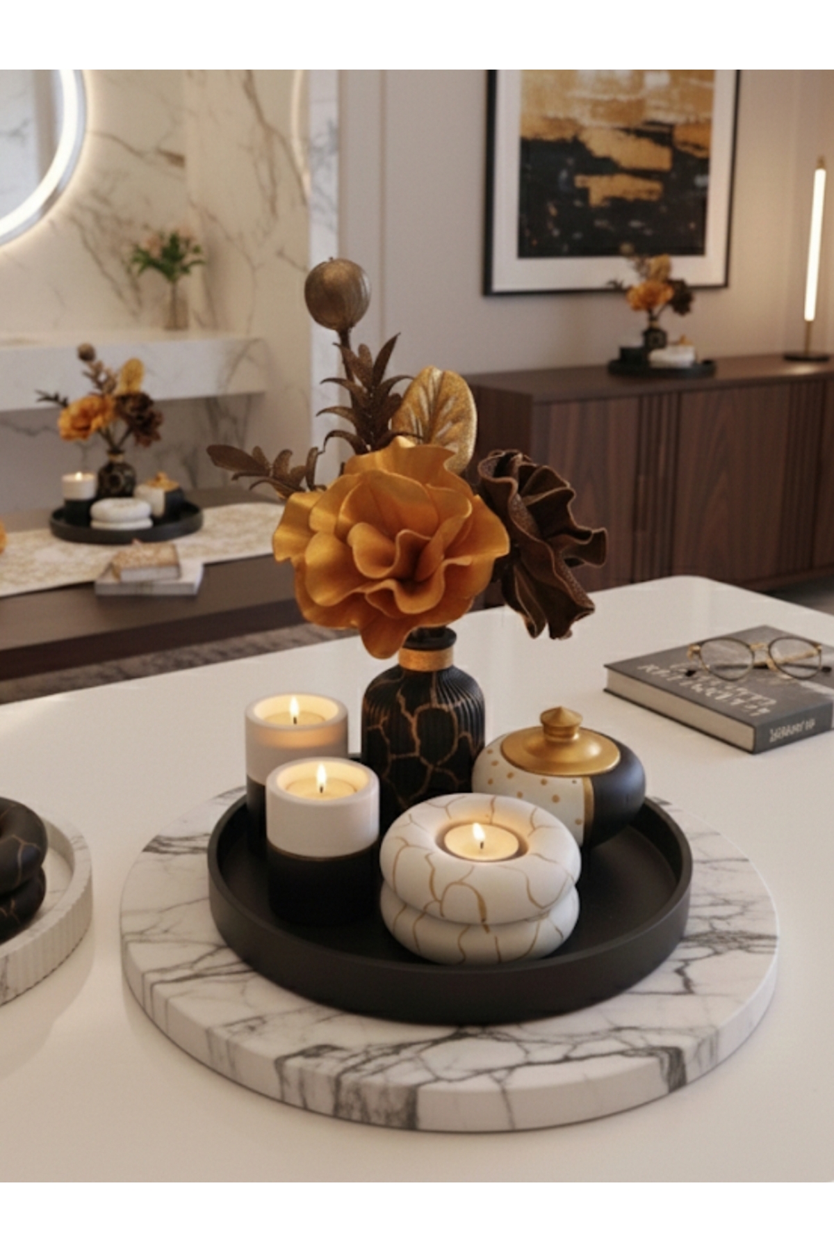 LUNİVAA HOME Dekoratif Tepsili Mumluk ve Pampas Vazo Hediyelik Ev