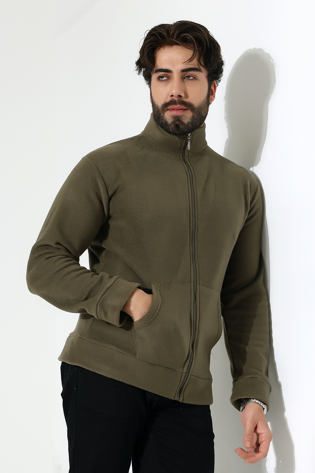 DİVİSTA Erkek Haki Renk Tam Fermuarlı Dik Yaka Polar görsel 2